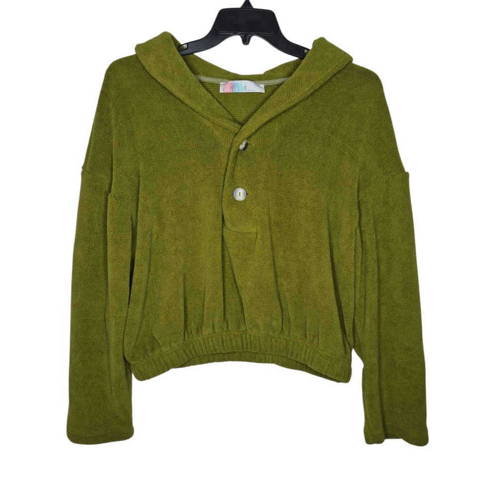Free People FP Beach Chenille Sweater Womens Medium Olive Green Henley Pullover